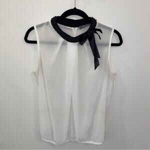 Sandro Ferrone Black Beaded Bow Neck White Sleeveless Blouse S